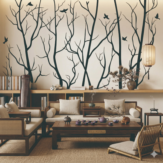 Forest Tree Wall Decals with Flying Birds Large Black Vinyl Nursery Stickers Create a Woodland Wonderland for Kids Bedroom Modern Peel and Stick Removable Wall Art for Apartment Living Room Decor
