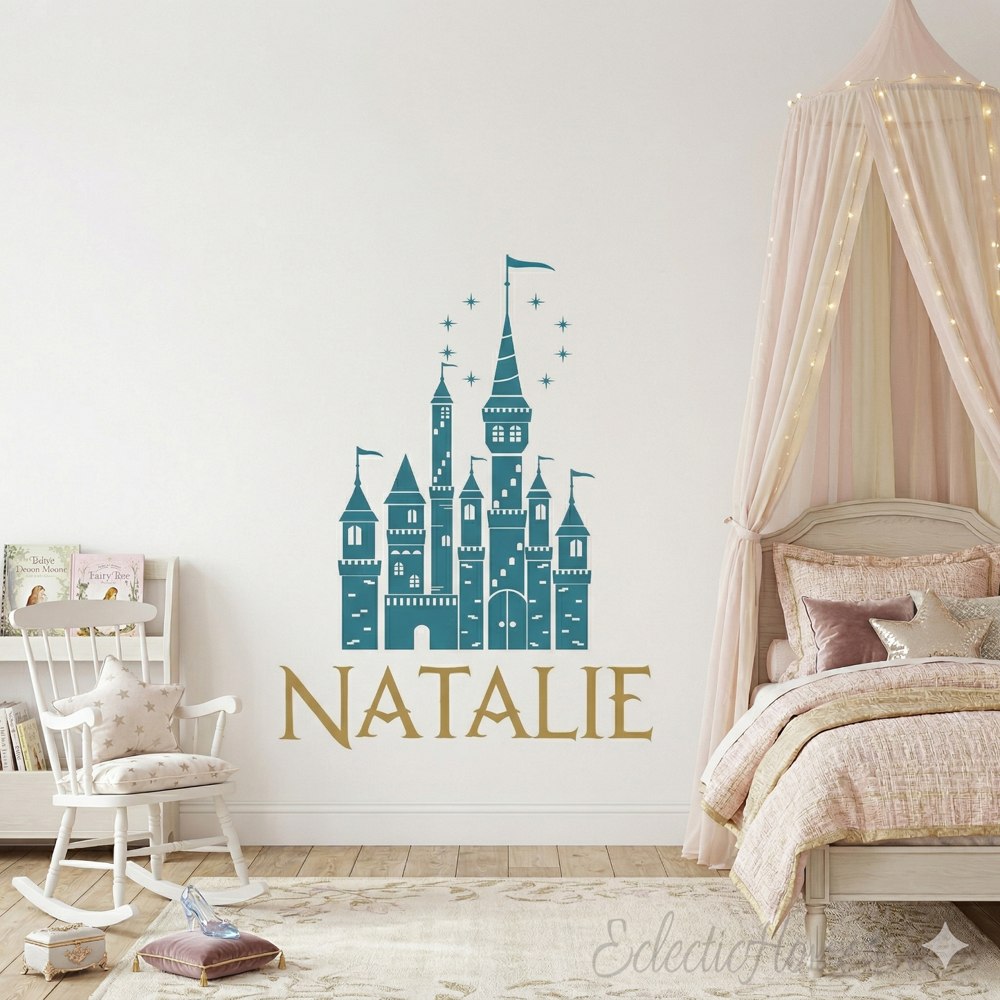 Castle Name Wall Decal for Nursery and Kids Room Personalized Princess Theme Removable Wall Sticker for Girls Bedroom Decor