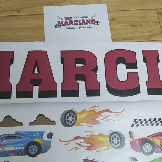 Boys nursery decor race car wall decals personalized name custom colors
