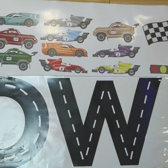 Boys nursery decor race car wall decals personalized name custom colors
